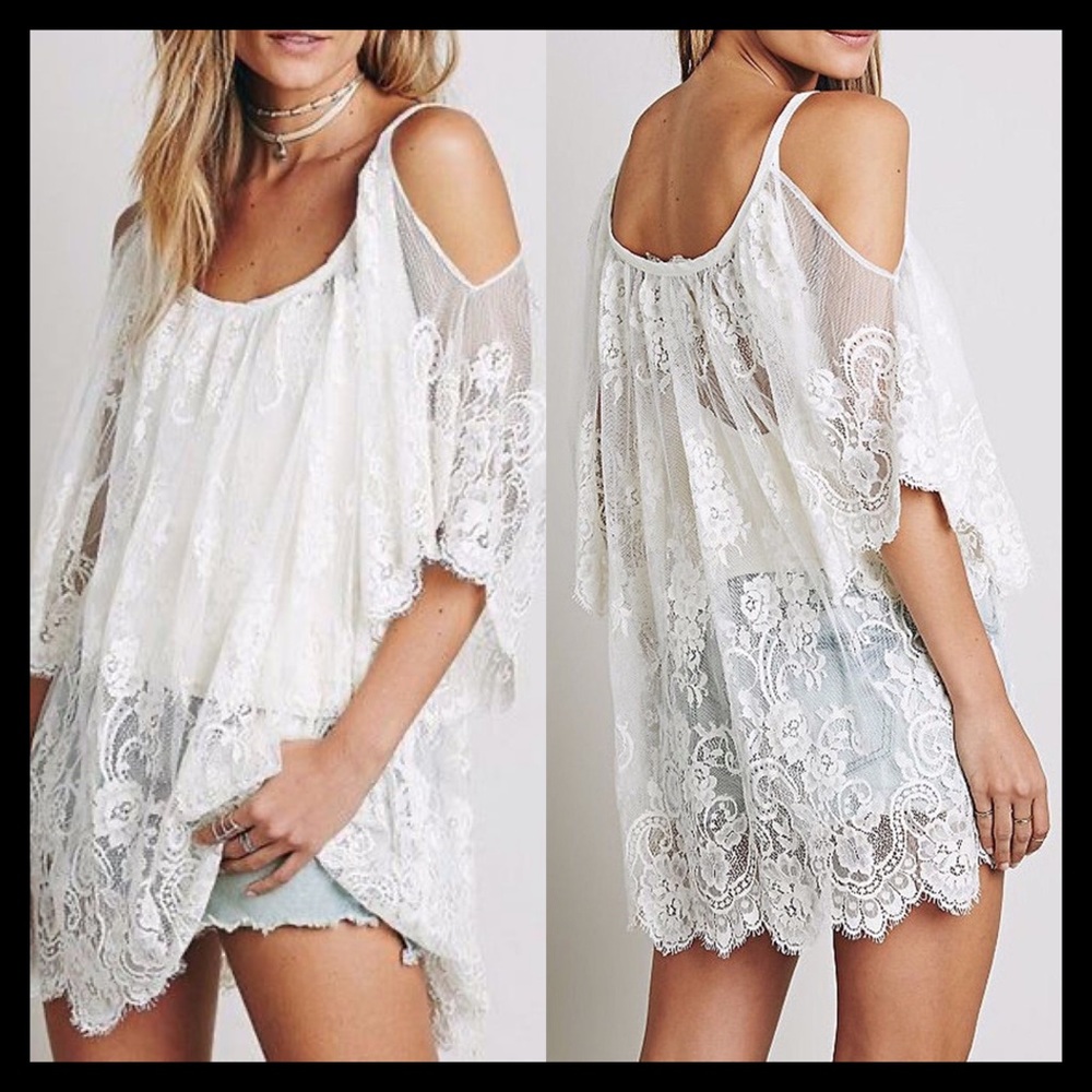 Boho Sheer Floral Lace Cold Shoulder Coverup Dress